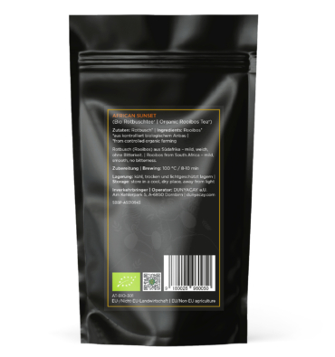 Rückseite der Verpackung von African Sunset Bio Rotbuschtee, 10er Pyramidenbeutel