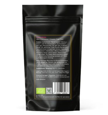 Rückseite der Verpackung von Bora Bora, Bio Früchtetee, 10er Pyramidenbeutel
